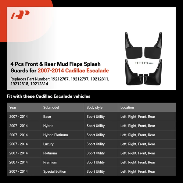 4 Pcs Front & Rear Mud Flaps Splash Guards for 2007-2014 Cadillac Escalade