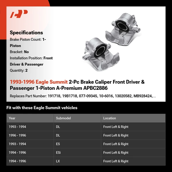 1993-1996 Eagle Summit 2-Pc Brake Caliper Front Driver & Passenger 1-Piston A-Premium APBC2886