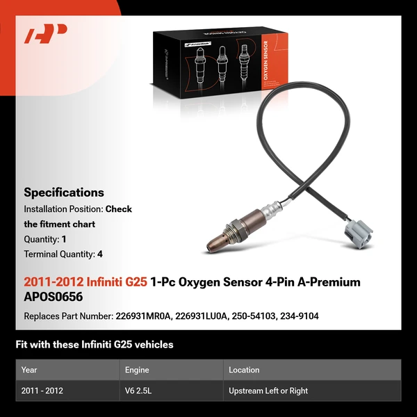 2011-2012 Infiniti G25 1-Pc Oxygen Sensor 4-Pin A-Premium APOS0656