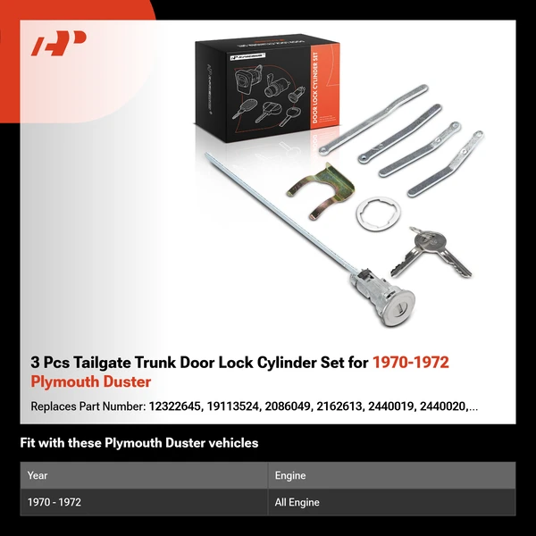 3 Pcs Tailgate Trunk Door Lock Cylinder Set for 1970-1972 Plymouth Duster