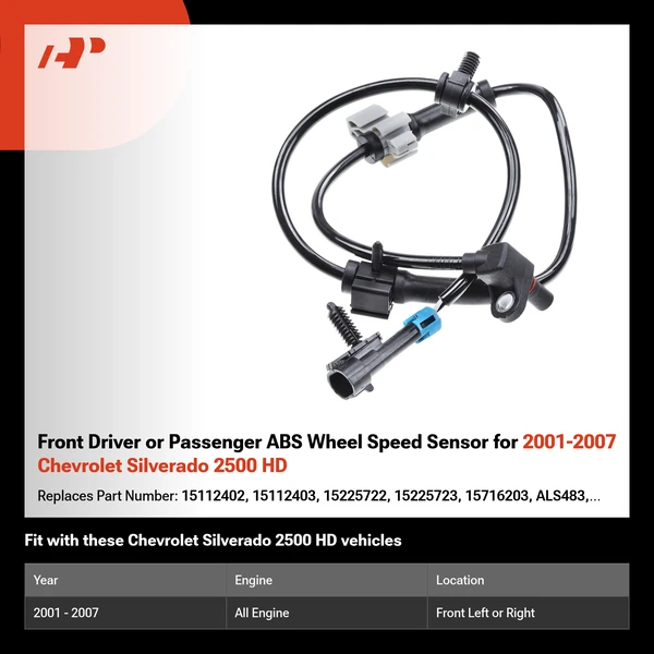 Front Driver or Passenger ABS Wheel Speed Sensor for 2001-2007 Chevrolet Silverado 2500 HD