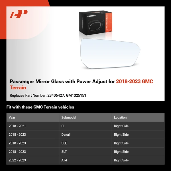 Passenger Mirror Glass with Power Adjust for 2018-2023 GMC Terrain