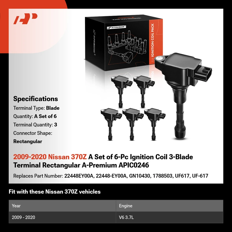 2009-2020 Nissan 370Z A Set of 6-Pc Ignition Coil 3-Blade Terminal Rectangular A-Premium APIC0246