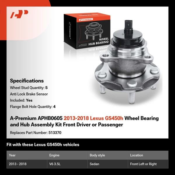 A-Premium APHB0605 2013-2018 Lexus GS450h Wheel Bearing and Hub Assembly Kit Front Driver or Passenger