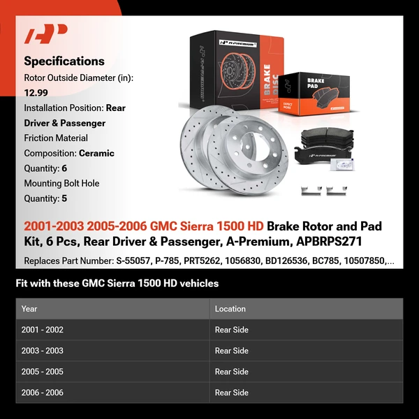 2001-2003 2005-2006 GMC Sierra 1500 HD Brake Rotor and Pad Kit, 6 Pcs, Rear Driver & Passenger, A-Premium, APBRPS271