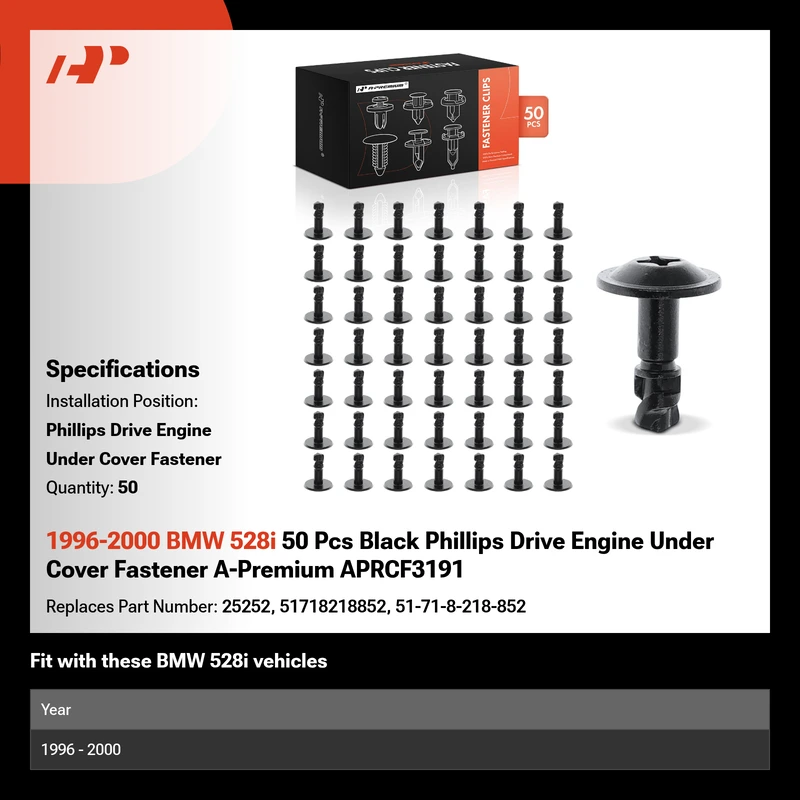 1996-2000 BMW 528i 50 Pcs Black Phillips Drive Engine Under Cover Fastener A-Premium APRCF3191