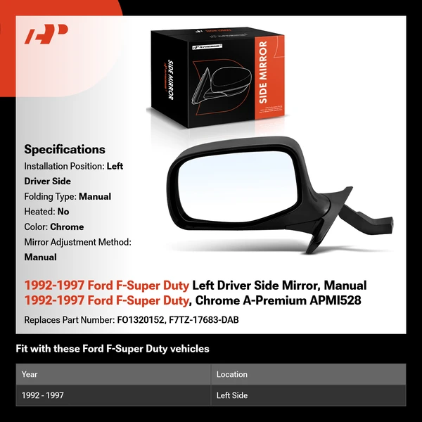 1992-1997 Ford F-Super Duty Left Driver Side Mirror, Manual 1992-1997 Ford F-Super Duty, Chrome A-Premium APMI528