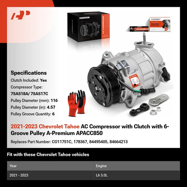 2021-2023 Chevrolet Tahoe AC Compressor with Clutch with 6-Groove Pulley A-Premium APACC850