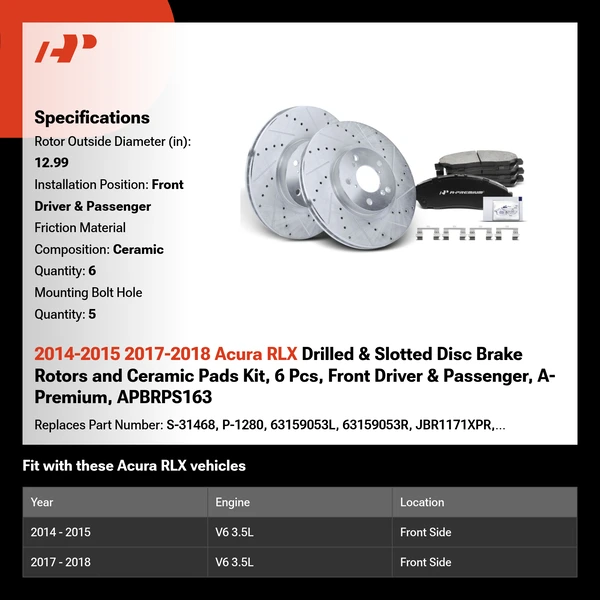2014-2015 2017-2018 Acura RLX Drilled & Slotted Disc Brake Rotors and Ceramic Pads Kit, 6 Pcs, Front Driver & Passenger, A-Premium, APBRPS163