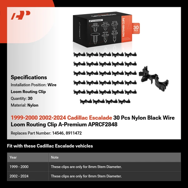 1999-2000 2002-2024 Cadillac Escalade 30 Pcs Nylon Black Wire Loom Routing Clip A-Premium APRCF2848