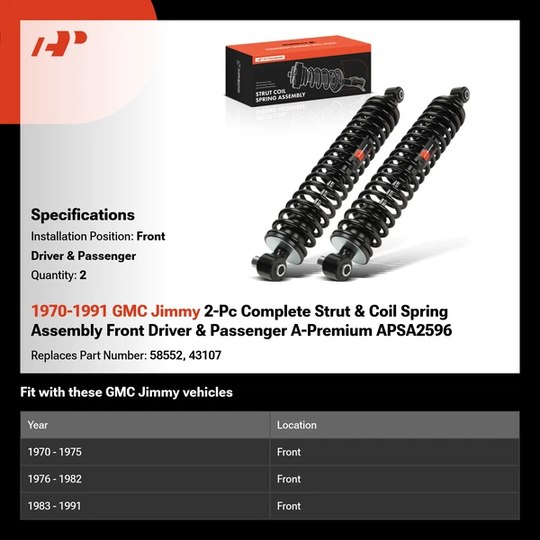 1970-1991 GMC Jimmy 2-Pc Complete Strut & Coil Spring Assembly Front Driver & Passenger A-Premium APSA2596