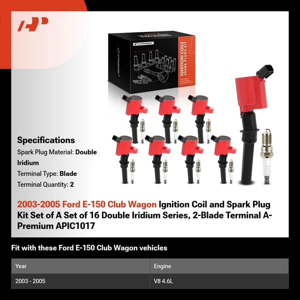 2003-2005 Ford E-150 Club Wagon Ignition Coil and Spark Plug Kit Set of A Set of 16 Double Iridium Series, 2-Blade Terminal A-Premium APIC1017