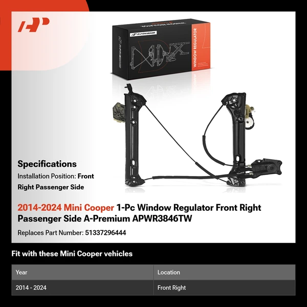 2014-2024 Mini Cooper 1-Pc Window Regulator Front Right Passenger Side A-Premium APWR3846TW