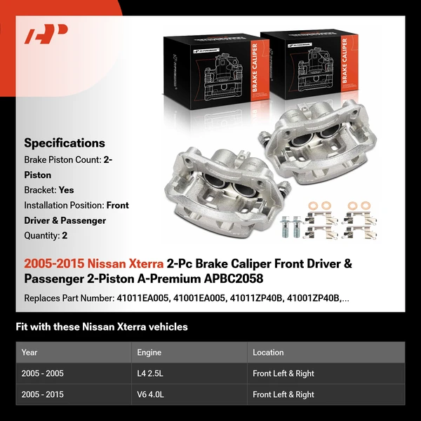 2005-2015 Nissan Xterra 2-Pc Brake Caliper Front Driver & Passenger 2-Piston A-Premium APBC2058