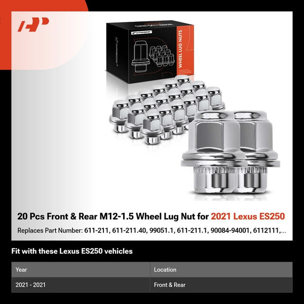 20 Pcs Front & Rear M12-1.5 Wheel Lug Nut for 2021 Lexus ES250