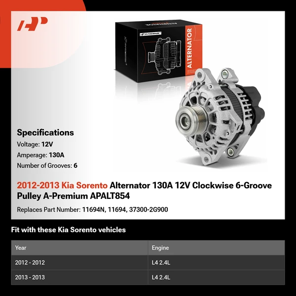 2012-2013 Kia Sorento Alternator 130A 12V Clockwise 6-Groove Pulley A-Premium APALT854