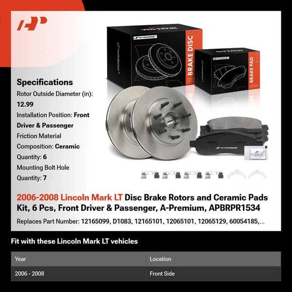 2006-2008 Lincoln Mark LT Disc Brake Rotors and Ceramic Pads Kit, 6 Pcs, Front Driver & Passenger, A-Premium, APBRPR1534