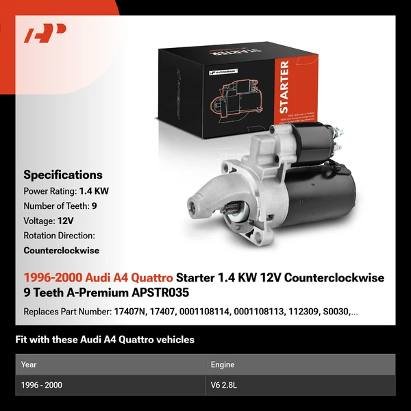 1996-2000 Audi A4 Quattro Starter 1.4 KW 12V Counterclockwise 9 Teeth A-Premium APSTR035