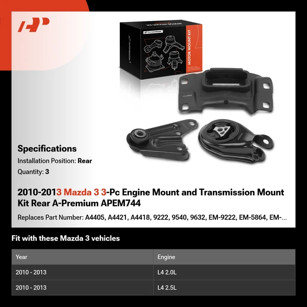 2010-2013 Mazda 3 3-Pc Engine Mount and Transmission Mount Kit Rear A-Premium APEM744
