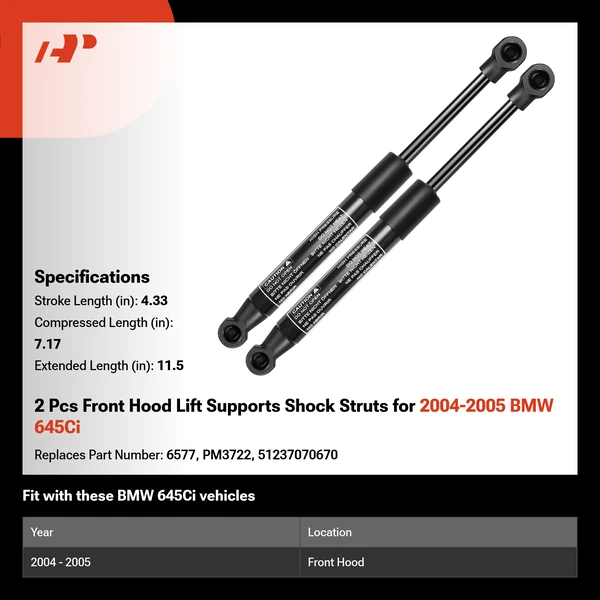2 Pcs Front Hood Lift Supports Shock Struts for 2004-2005 BMW 645Ci