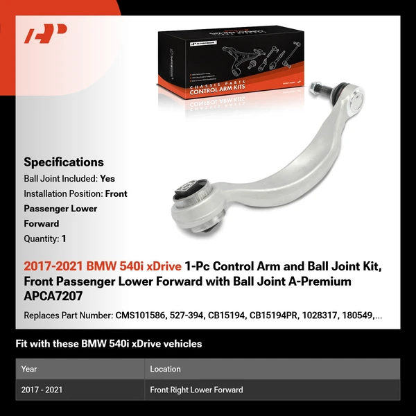 2017-2021 BMW 540i xDrive 1-Pc Control Arm and Ball Joint Kit, Front Passenger Lower Forward with Ball Joint A-Premium APCA7207