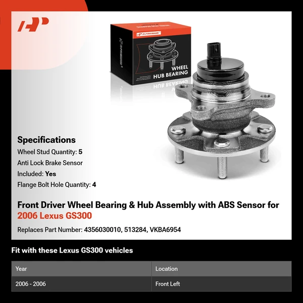 Front Driver Wheel Bearing & Hub Assembly with ABS Sensor for 2006 Lexus GS300