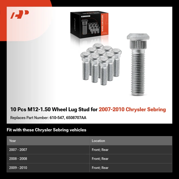 10 Pcs M12-1.50 Wheel Lug Stud for 2007-2010 Chrysler Sebring