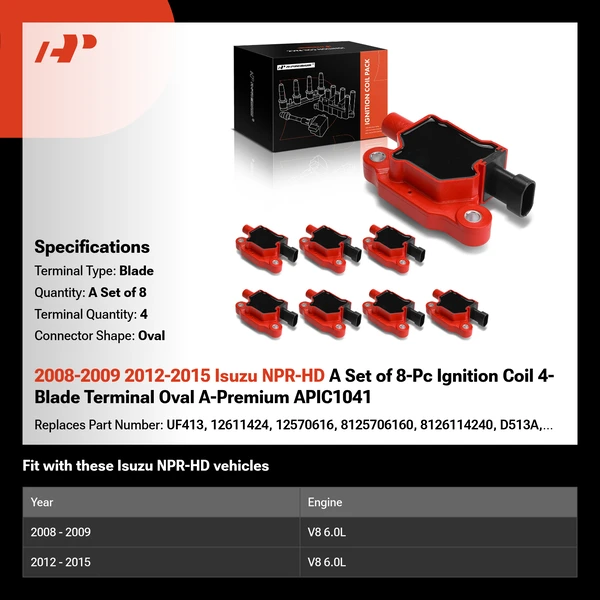 2008-2009 2012-2015 Isuzu NPR-HD A Set of 8-Pc Ignition Coil 4-Blade Terminal Oval A-Premium APIC1041