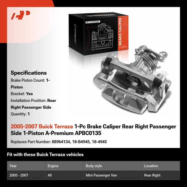 2005-2007 Buick Terraza 1-Pc Brake Caliper Rear Right Passenger Side 1-Piston A-Premium APBC0135