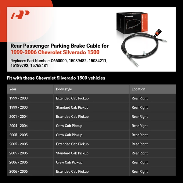 Rear Passenger Parking Brake Cable for 1999-2006 Chevrolet Silverado 1500