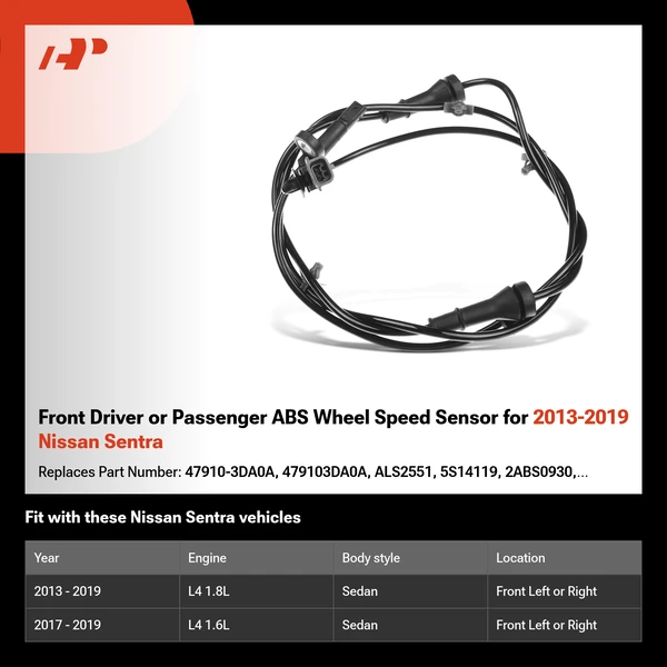 Front Driver or Passenger ABS Wheel Speed Sensor for 2013-2019 Nissan Sentra