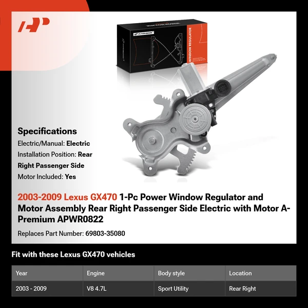 2003-2009 Lexus GX470 1-Pc Power Window Regulator and Motor Assembly Rear Right Passenger Side Electric with Motor A-Premium APWR0822