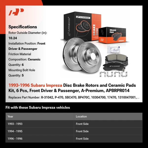 1993-1996 Subaru Impreza Disc Brake Rotors and Ceramic Pads Kit, 6 Pcs, Front Driver & Passenger, A-Premium, APBRPR014