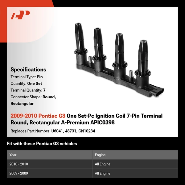 2009-2010 Pontiac G3 One Set-Pc Ignition Coil 7-Pin Terminal Round, Rectangular A-Premium APIC0398