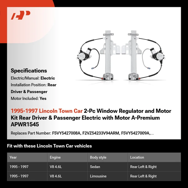 1995-1997 Lincoln Town Car 2-Pc Window Regulator and Motor Kit Rear Driver & Passenger Electric with Motor A-Premium APWR1545