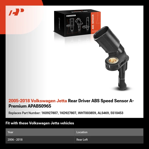2005-2018 Volkswagen Jetta Rear Driver ABS Speed Sensor A-Premium APABS0965