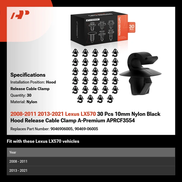 2008-2011 2013-2021 Lexus LX570 30 Pcs 10mm Nylon Black Hood Release Cable Clamp A-Premium APRCF3554
