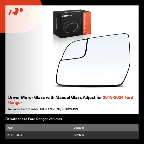 Driver Mirror Glass with Manual Glass Adjust for 2019-2024 Ford Ranger