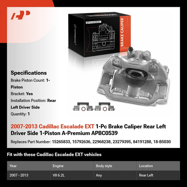 2007-2013 Cadillac Escalade EXT 1-Pc Brake Caliper Rear Left Driver Side 1-Piston A-Premium APBC0539