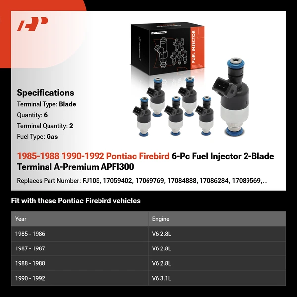 1985-1988 1990-1992 Pontiac Firebird 6-Pc Fuel Injector 2-Blade Terminal A-Premium APFI300