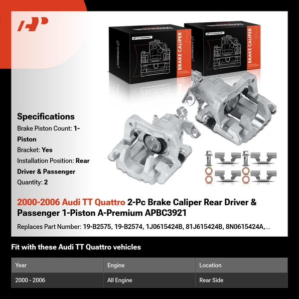 2000-2006 Audi TT Quattro 2-Pc Brake Caliper Rear Driver & Passenger 1-Piston A-Premium APBC3921