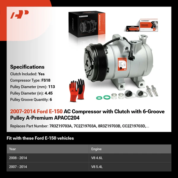 2007-2014 Ford E-150 AC Compressor with Clutch with 6-Groove Pulley A-Premium APACC204