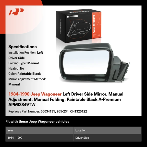 1984-1990 Jeep Wagoneer Left Driver Side Mirror, Manual Adjustment, Manual Folding, Paintable Black A-Premium APMI2849TW