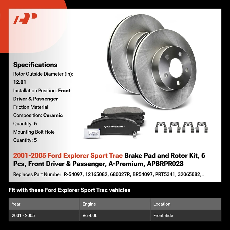 2001-2005 Ford Explorer Sport Trac Brake Pad and Rotor Kit, 6 Pcs, Front Driver & Passenger, A-Premium, APBRPR028