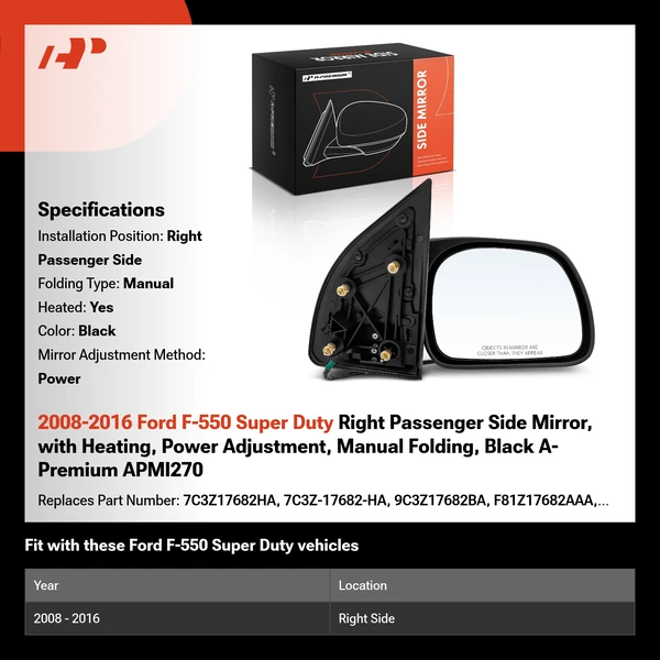 2008-2016 Ford F-550 Super Duty Right Passenger Side Mirror, with Heating, Power Adjustment, Manual Folding, Black A-Premium APMI270