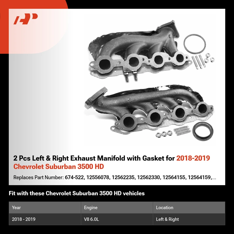 2 Pcs Left & Right Exhaust Manifold with Gasket for 2018-2019 Chevrolet Suburban 3500 HD