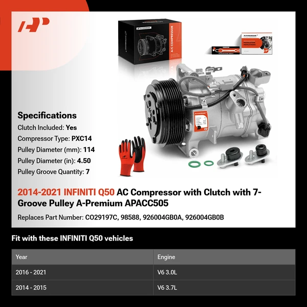 2014-2021 INFINITI Q50 AC Compressor with Clutch with 7-Groove Pulley A-Premium APACC505