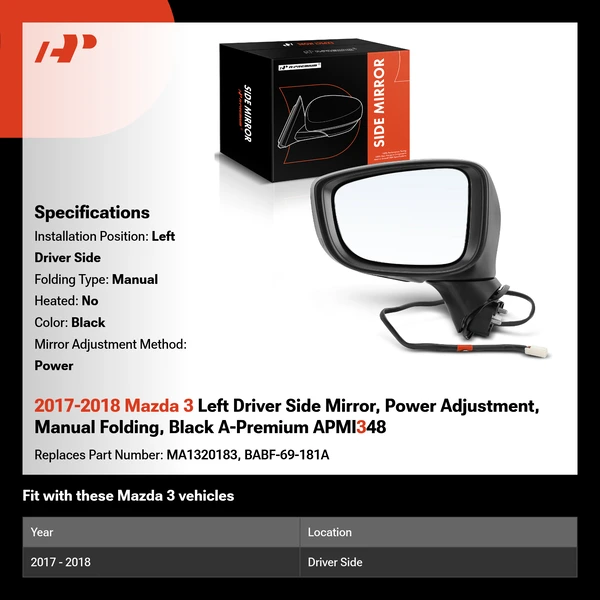 2017-2018 Mazda 3 Left Driver Side Mirror, Power Adjustment, Manual Folding, Black A-Premium APMI348