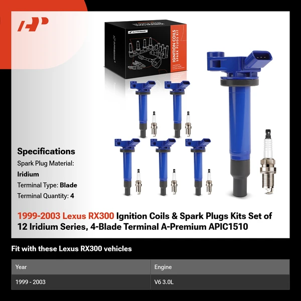 1999-2003 Lexus RX300 Ignition Coils & Spark Plugs Kits Set of 12 Iridium Series, 4-Blade Terminal A-Premium APIC1510