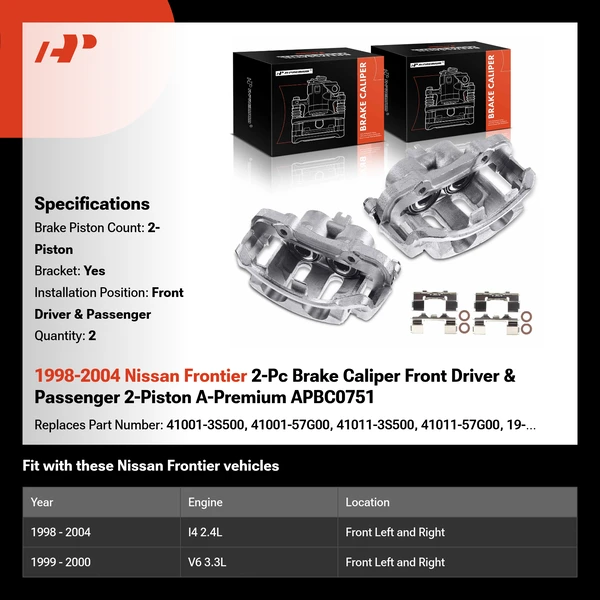1998-2004 Nissan Frontier 2-Pc Brake Caliper Front Driver & Passenger 2-Piston A-Premium APBC0751